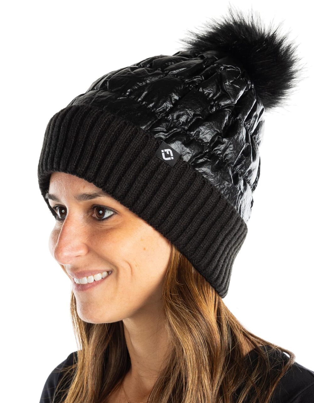9235 Puffer Beanie Pom Hat Faux Fur Pom Pom Soft Fleece Lined Knit Cuff